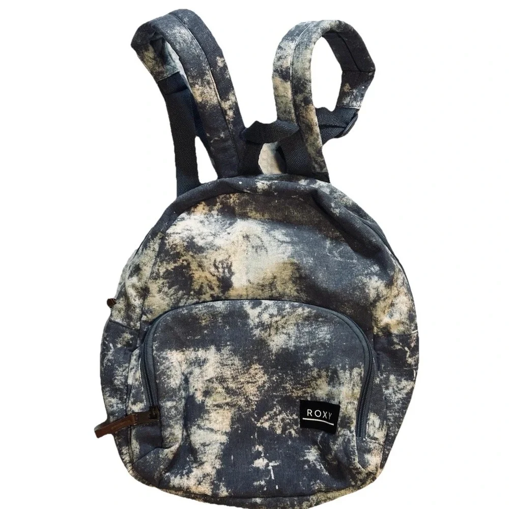 Roxy Backpack - Book Bag - Day Pack Tie-Dyed Multiple Zipper Pockets Blue Gray